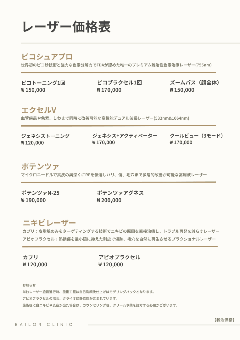 BAILORクリニック price list 10 - treatment costs and packages