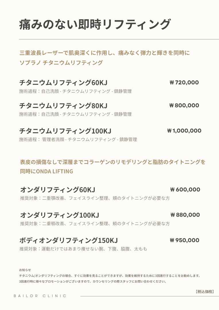 BAILORクリニック price list 21 - treatment costs and packages